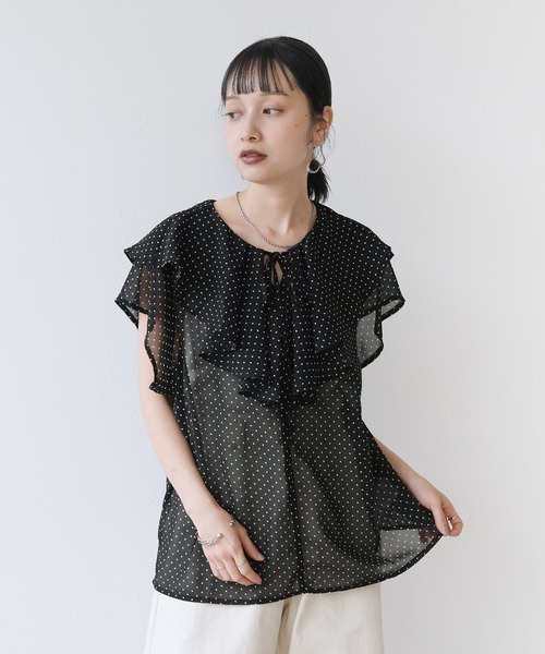 Yeoun(ヨウン)の「フリルカラードットシアーブラウス(シャツ/ブラウス・レディース・ブラック/アイボリー・M)」の5枚目の写真