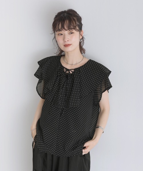 Yeoun(ヨウン)の「フリルカラードットシアーブラウス(シャツ/ブラウス・レディース・ブラック/アイボリー・M)」の8枚目の写真