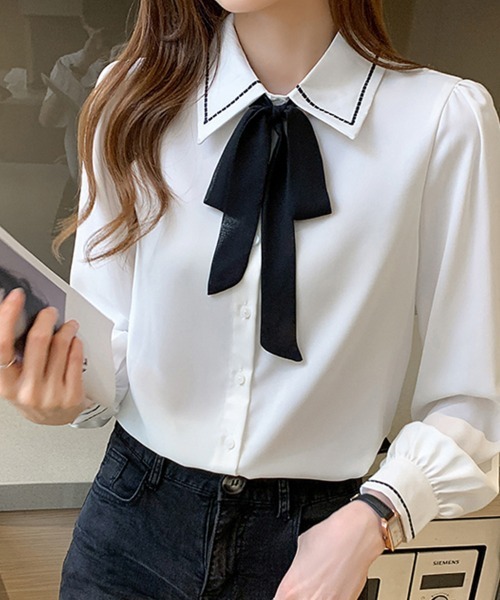 ONEP STAR（ワンピスター）の「配色ステッチリボンブラウス（シャツ/ブラウス・レディース・ホワイト/ベージュ・MEDIUM）」の3枚目の写真