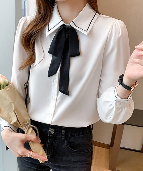 ONEP STAR（ワンピスター）の「配色ステッチリボンブラウス（シャツ/ブラウス・レディース・ホワイト/ベージュ・MEDIUM）」の5枚目の写真