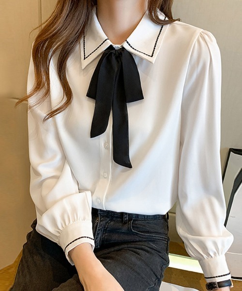 ONEP STAR（ワンピスター）の「配色ステッチリボンブラウス（シャツ/ブラウス・レディース・ホワイト/ベージュ・MEDIUM）」の6枚目の写真