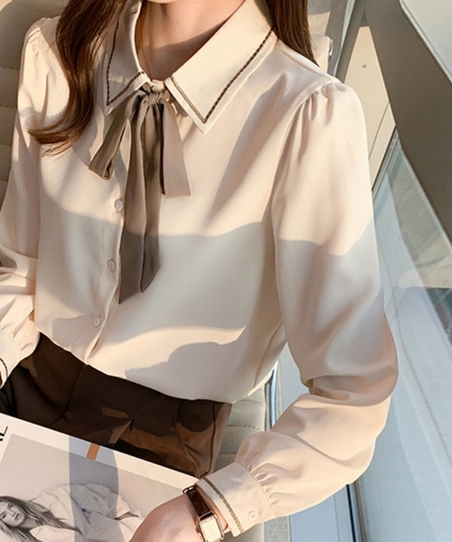 ONEP STAR（ワンピスター）の「配色ステッチリボンブラウス（シャツ/ブラウス・レディース・ホワイト/ベージュ・MEDIUM）」の7枚目の写真