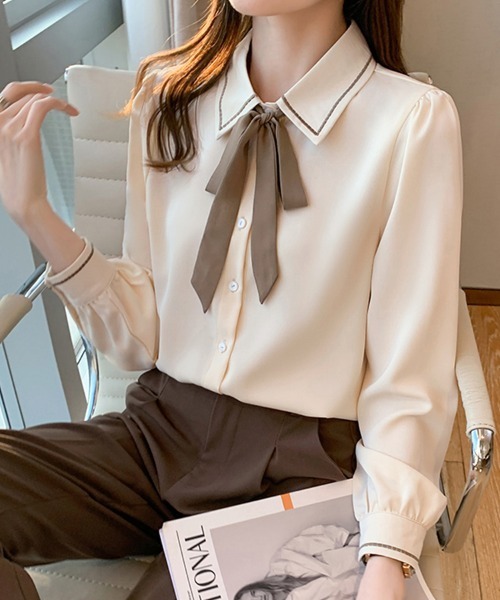 ONEP STAR（ワンピスター）の「配色ステッチリボンブラウス（シャツ/ブラウス・レディース・ホワイト/ベージュ・MEDIUM）」の8枚目の写真