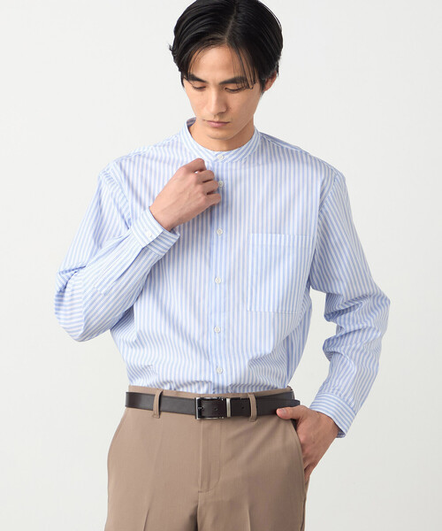 COMME CA ISM（コムサイズム）の「コットンナイロン ストレッチ ストライプ バンドカラーシャツ（シャツ/ブラウス・メンズ・ホワイト/サックスブルー・X-LARGE/LARGE/MEDIUM/SMALL）」の4枚目の写真
