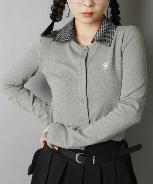 SPINNS（スピンズ）の「一枚で即プレッピー見え♪ 襟チェックシャツレイヤード風カットソー（Tシャツ/カットソー・レディース・グレー/ブラック・ONESIZE）」の2枚目の写真