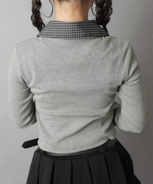 SPINNS（スピンズ）の「一枚で即プレッピー見え♪ 襟チェックシャツレイヤード風カットソー（Tシャツ/カットソー・レディース・グレー/ブラック・ONESIZE）」の3枚目の写真