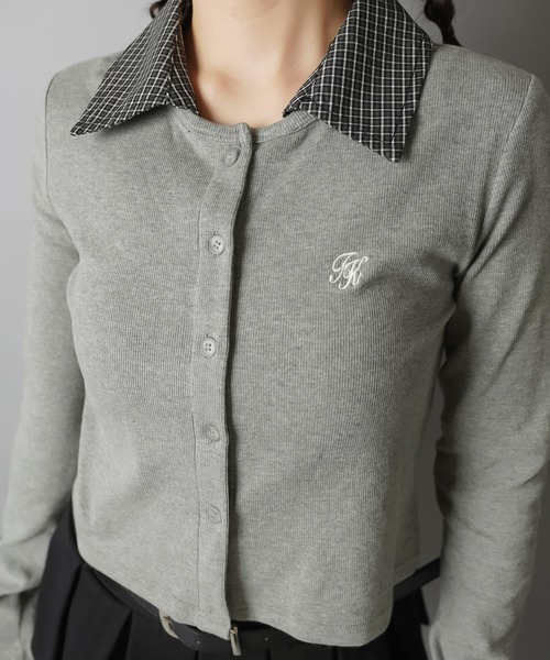 SPINNS（スピンズ）の「一枚で即プレッピー見え♪ 襟チェックシャツレイヤード風カットソー（Tシャツ/カットソー・レディース・グレー/ブラック・ONESIZE）」の8枚目の写真