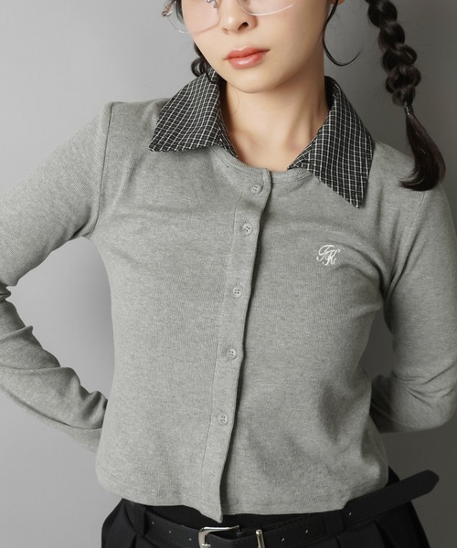 SPINNS（スピンズ）の「一枚で即プレッピー見え♪ 襟チェックシャツレイヤード風カットソー（Tシャツ/カットソー・レディース・グレー/ブラック・ONESIZE）」の11枚目の写真