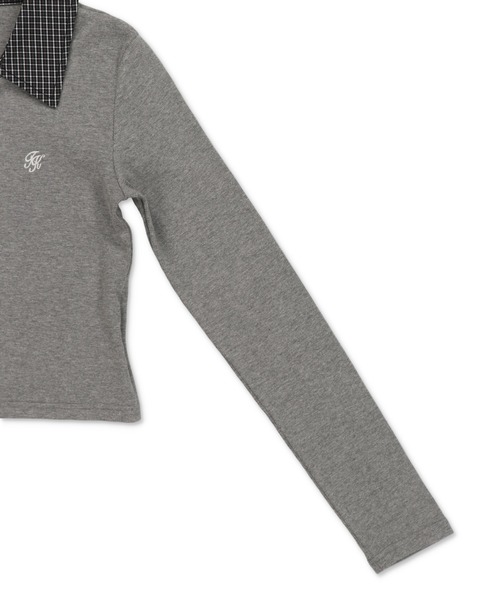 SPINNS（スピンズ）の「一枚で即プレッピー見え♪ 襟チェックシャツレイヤード風カットソー（Tシャツ/カットソー・レディース・グレー/ブラック・ONESIZE）」の15枚目の写真