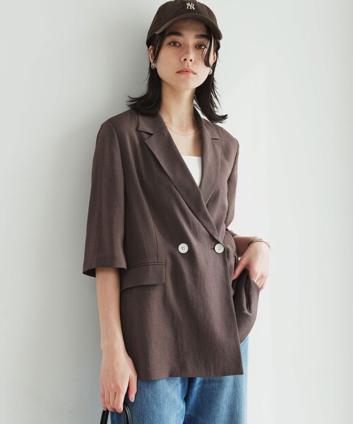green label relaxing（グリーンレーベルリラクシング）の「【結論シリーズ】シアーエアミドルスリーブジャケット［size SHORTあり］（テーラードジャケット・レディース・ナチュラル/ブラック/ダークブラウン・FREE/SHORT）」の5枚目の写真