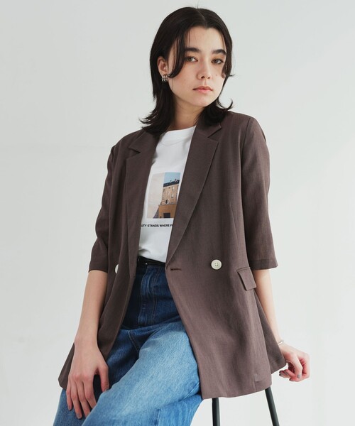 green label relaxing（グリーンレーベルリラクシング）の「【結論シリーズ】シアーエアミドルスリーブジャケット［size SHORTあり］（テーラードジャケット・レディース・ナチュラル/ブラック/ダークブラウン・FREE/SHORT）」の8枚目の写真