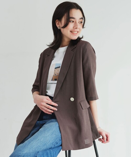 green label relaxing（グリーンレーベルリラクシング）の「【結論シリーズ】シアーエアミドルスリーブジャケット［size SHORTあり］（テーラードジャケット・レディース・ナチュラル/ブラック/ダークブラウン・FREE/SHORT）」の9枚目の写真