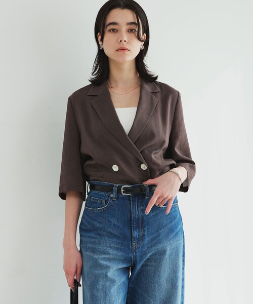 green label relaxing（グリーンレーベルリラクシング）の「【結論シリーズ】シアーエアミドルスリーブジャケット［size SHORTあり］（テーラードジャケット・レディース・ナチュラル/ブラック/ダークブラウン・FREE/SHORT）」の11枚目の写真