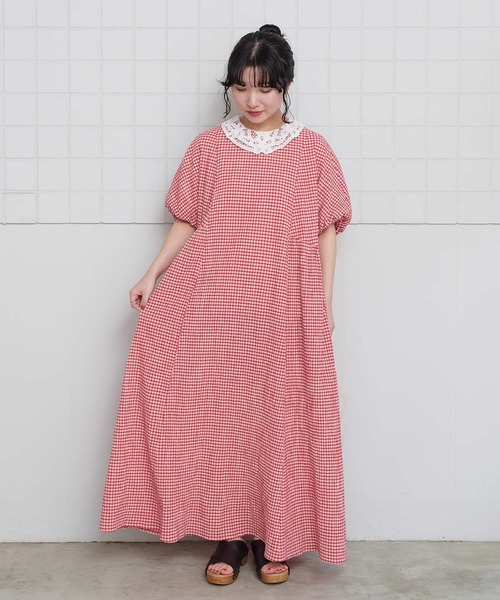 l'atelier du savon（アトリエドサボン）の「ちぢみギンガム　ドルマン袖のワンピース（ワンピース・レディース・ブラック/レッド・FREE）」の5枚目の写真