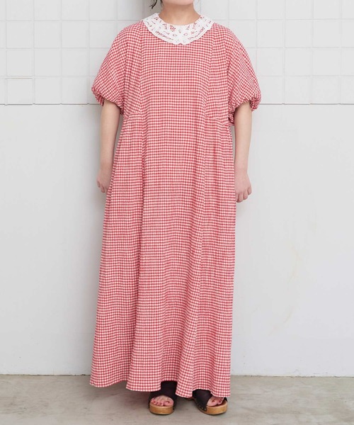 l'atelier du savon（アトリエドサボン）の「ちぢみギンガム　ドルマン袖のワンピース（ワンピース・レディース・ブラック/レッド・FREE）」の8枚目の写真