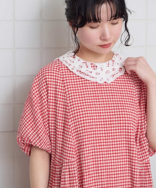 l'atelier du savon（アトリエドサボン）の「ちぢみギンガム　ドルマン袖のワンピース（ワンピース・レディース・ブラック/レッド・FREE）」の9枚目の写真