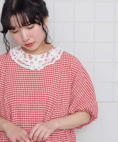 l'atelier du savon（アトリエドサボン）の「ちぢみギンガム　ドルマン袖のワンピース（ワンピース・レディース・ブラック/レッド・FREE）」の11枚目の写真