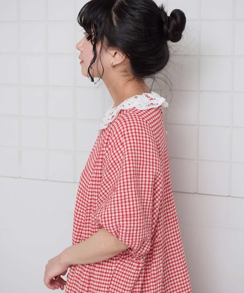 l'atelier du savon（アトリエドサボン）の「ちぢみギンガム　ドルマン袖のワンピース（ワンピース・レディース・ブラック/レッド・FREE）」の13枚目の写真