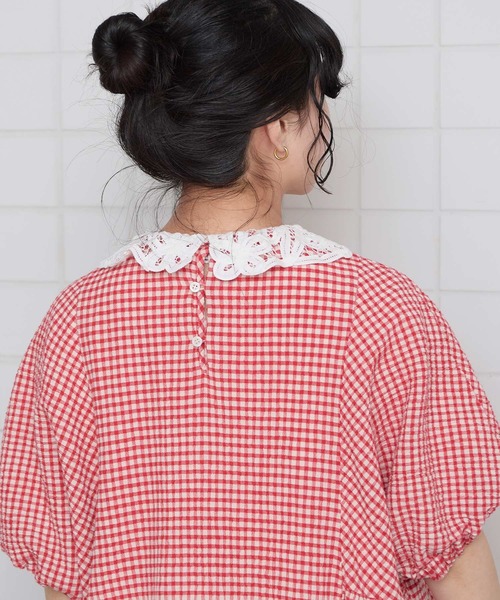 l'atelier du savon（アトリエドサボン）の「ちぢみギンガム　ドルマン袖のワンピース（ワンピース・レディース・ブラック/レッド・FREE）」の14枚目の写真