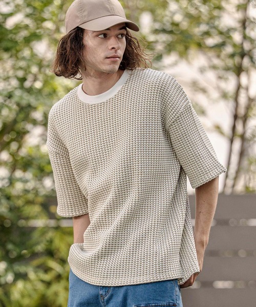 CAMBIO（カンビオ）の「mt10317- Two-Tone Big Waffle Tee ビッグTシャツ(AI-261-014)（Tシャツ/カットソー・メンズ・ブラック/ライトベージュ/ライトグレー・M/L）」の3枚目の写真