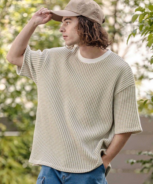 CAMBIO（カンビオ）の「mt10317- Two-Tone Big Waffle Tee ビッグTシャツ(AI-261-014)（Tシャツ/カットソー・メンズ・ブラック/ライトベージュ/ライトグレー・M/L）」の4枚目の写真