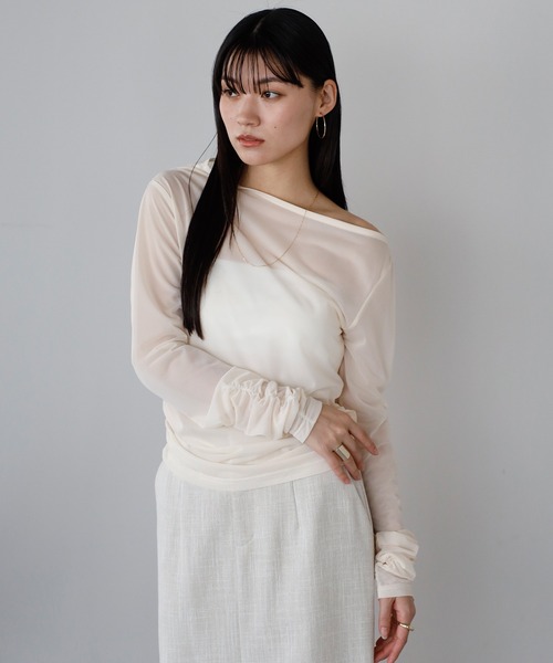 asymmetry gather sheer tops / アシンメトリーギャザーシアートップス