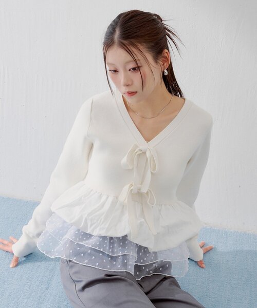 SALON by Chico 裾バルーンレイヤードペプラムリボンニット SALON by Chico】裾バルーンレイヤードペプラムリボンニット