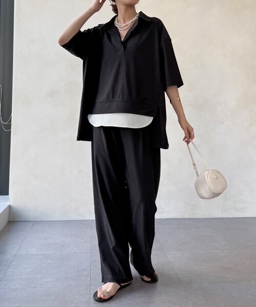 DouDou（ドゥドゥ）の「【WEB限定】6分袖スキッパーシャツ＋ワイドパンツ（セットアップ・レディース・モカ/ブラック・FREE）」の21枚目の写真