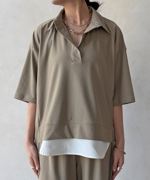 DouDou（ドゥドゥ）の「【WEB限定】6分袖スキッパーシャツ＋ワイドパンツ（セットアップ・レディース・モカ/ブラック・FREE）」の3枚目の写真