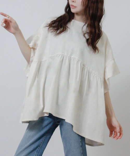 NYLAUS(ナイラス)の「【SG】袖フリルペプラムトップス オーバーサイズTシャツ(Tシャツ/カットソー・レディース・ブラック/アイボリー/チャコール・M)」の2枚目の写真