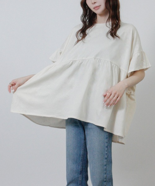 NYLAUS(ナイラス)の「【SG】袖フリルペプラムトップス オーバーサイズTシャツ(Tシャツ/カットソー・レディース・ブラック/アイボリー/チャコール・M)」の5枚目の写真