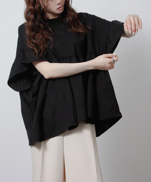 NYLAUS(ナイラス)の「【SG】袖フリルペプラムトップス オーバーサイズTシャツ(Tシャツ/カットソー・レディース・ブラック/アイボリー/チャコール・M)」の12枚目の写真