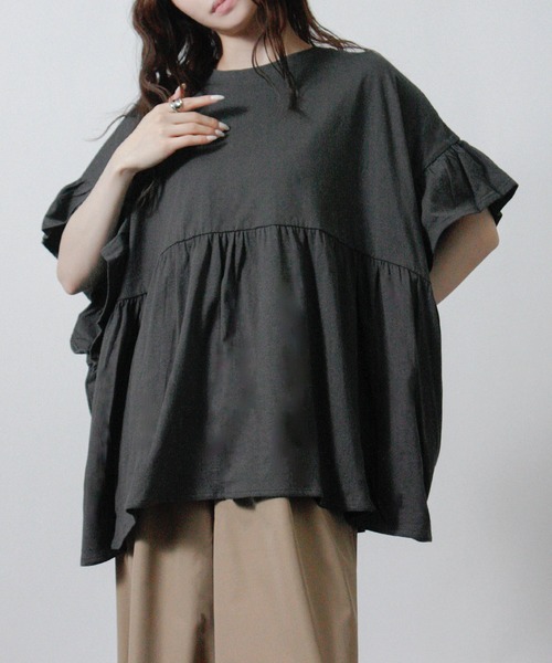 NYLAUS(ナイラス)の「【SG】袖フリルペプラムトップス オーバーサイズTシャツ(Tシャツ/カットソー・レディース・ブラック/アイボリー/チャコール・M)」の16枚目の写真