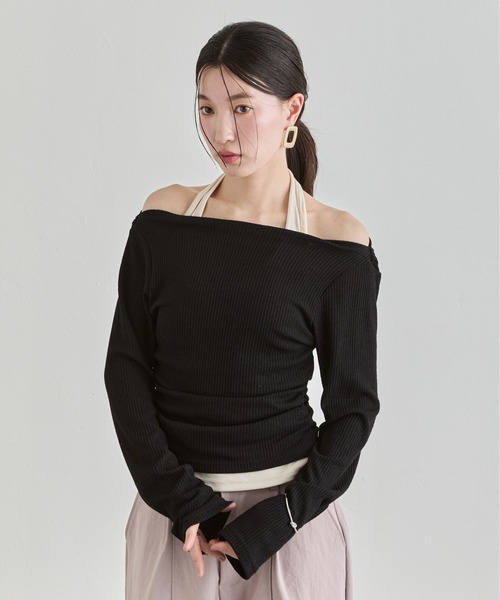 NUJOH（ヌゾ）の「Off-Shoulder Rib Top / オフショルダーリブトップス（Tシャツ/カットソー・レディース・ライトブルー/ブラック/チャコールグレー・FREE）」の6枚目の写真