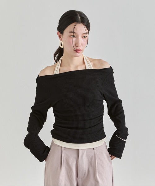 NUJOH（ヌゾ）の「Off-Shoulder Rib Top / オフショルダーリブトップス（Tシャツ/カットソー・レディース・ライトブルー/ブラック/チャコールグレー・FREE）」の9枚目の写真