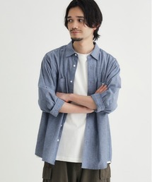 Right-on | 【PLUS ONE】シャンブレー七分袖シャツ (爽やかワークテイスト / 季節の変わり目 / 軽やかシルエット)(シャツ/ブラウス)