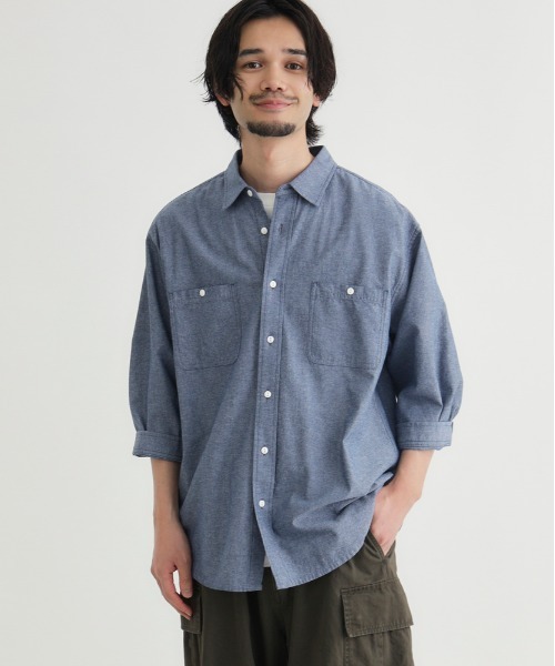 Right-on（ライトオン）の「【PLUS ONE】シャンブレー七分袖シャツ（シャツ/ブラウス・メンズ・ブラック/ライトインディゴブルー・M/L/XL/S）」の3枚目の写真