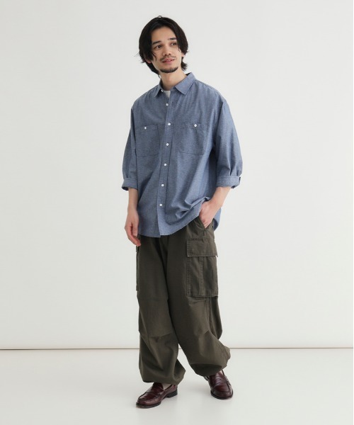 Right-on（ライトオン）の「【PLUS ONE】シャンブレー七分袖シャツ（シャツ/ブラウス・メンズ・ブラック/ライトインディゴブルー・M/L/XL/S）」の7枚目の写真