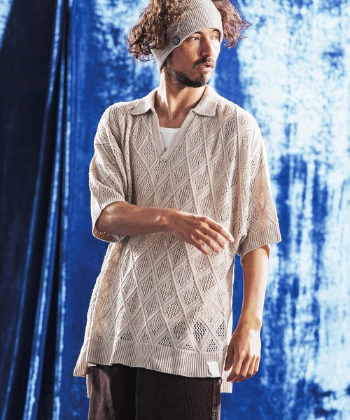 セール】mhs2610-Diamond Jacquard Sheer Skipper Polo Shirt ニット