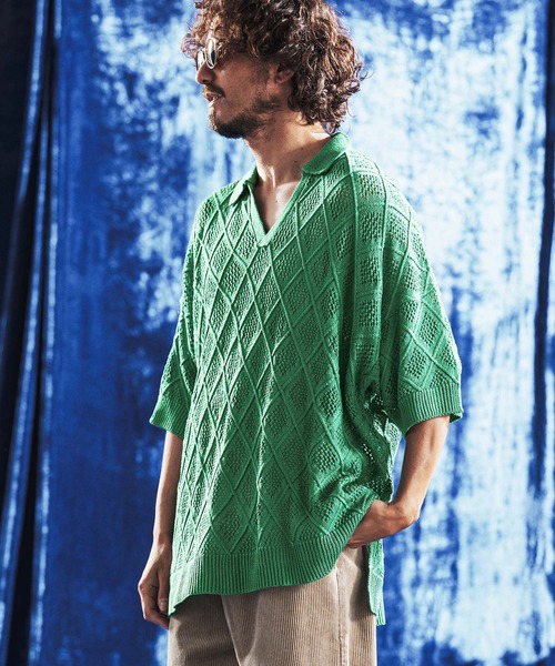 mhs2610-Diamond Jacquard Sheer Skipper Polo Shirt ニットポロシャツ