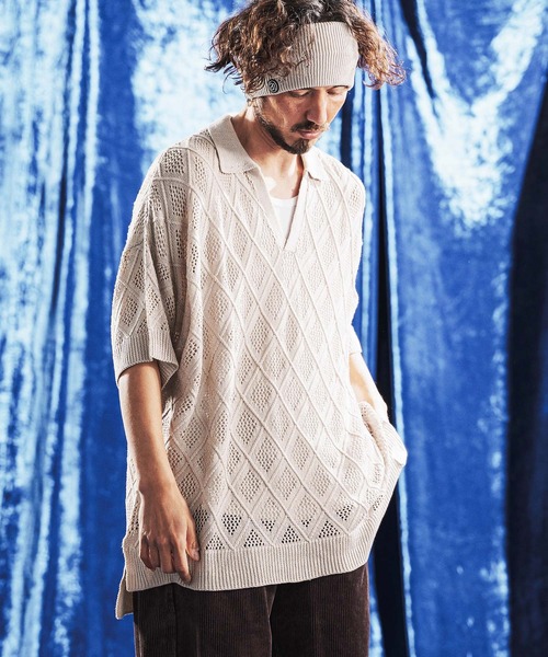 mhs2610-Diamond Jacquard Sheer Skipper Polo Shirt ニットポロシャツ