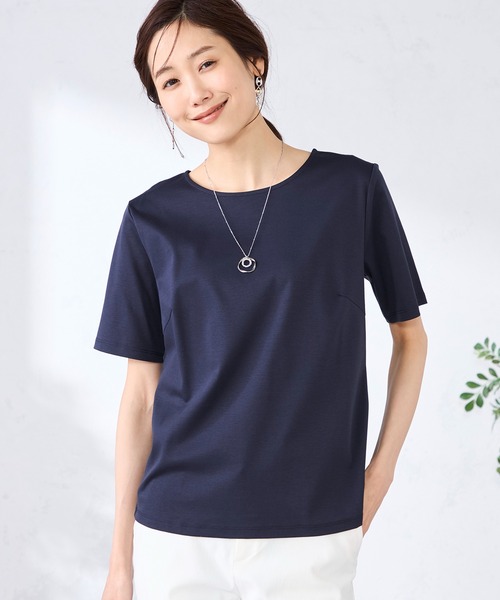 GALLORIA(ギャローリア)の「【キレメクカットソー】UVカット・接触冷感 クルーネックTシャツ(Tシャツ/カットソー・レディース・ネイビー/ライトグレー/オフホワイト/ライトパープル・L/M/LL/S)」の1枚目の写真