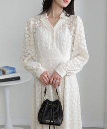 総レース ポロ襟風 ロングワンピース