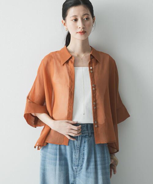 URBAN RESEARCH(アーバンリサーチ)の「ハーフスリーブシアーショートシャツ(シャツ/ブラウス・レディース・グレー系その他/ブラウン系その他/ブラウン・FREE)」の1枚目の写真