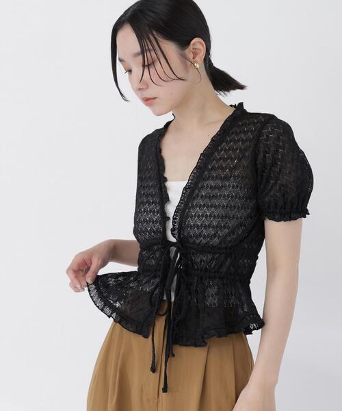 NATURAL BEAUTY BASIC(ナチュラルビューティーベーシック)の「クロシェカットカーディガン(カーディガン/ボレロ・レディース・ブラック/オフホワイト・フリ-)」の2枚目の写真
