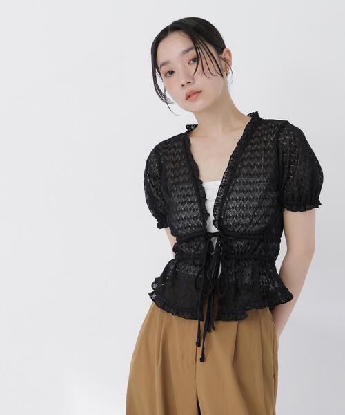 NATURAL BEAUTY BASIC(ナチュラルビューティーベーシック)の「クロシェカットカーディガン(カーディガン/ボレロ・レディース・ブラック/オフホワイト・フリ-)」の5枚目の写真