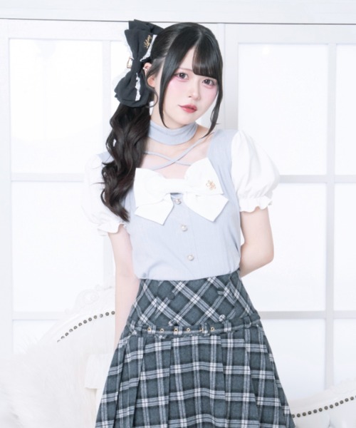 LAFARY(ラファリー)の「リボンリブトップス(Tシャツ/カットソー・レディース・ホワイト/ブルー/ブラック・FREE)」の1枚目の写真