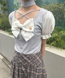 LAFARY｜ラファリー（レディース）のトップス（ブルー・ネイビー/青色 LAFARY closet リボンリブトップス 半袖 ブルー