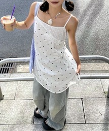 SHEENA（シーナ）の「ドット×花柄刺繍切替えサイドドロストミニキャミワンピース（ワンピース）」