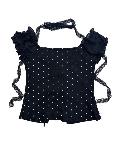 Never mind the XU / Chikashitsu+(ネバーマインド ザ エックスユー / チカシツプラス)の「【nmtc+】Dot Lace Ribbon Blouse / 【エヌエムティーシープラス】ドットレースフリルリボンブラウス(シャツ/ブラウス・レディース・ブラック/アイボリー・ONE SIZE)」の12枚目の写真